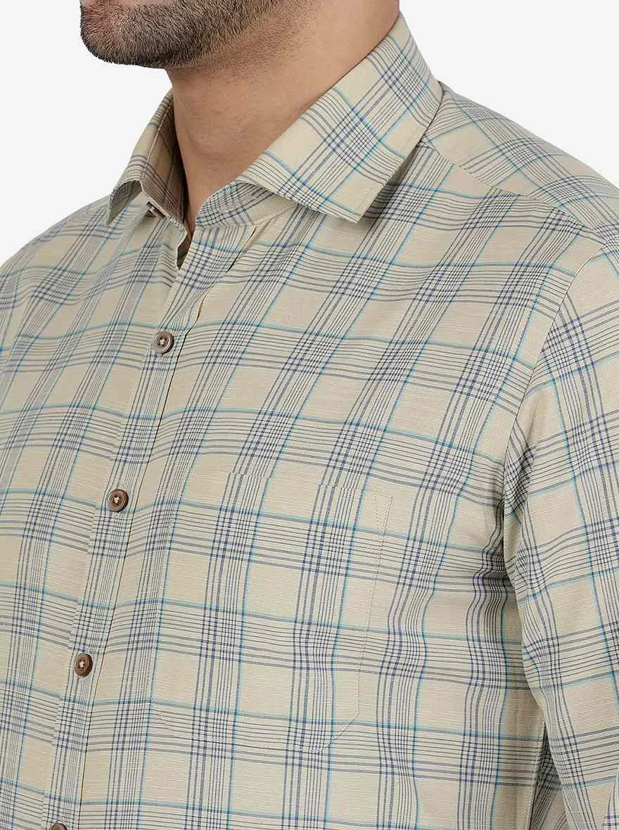 Beige Checked Slim Fit Formal Shirt | Greenfibre