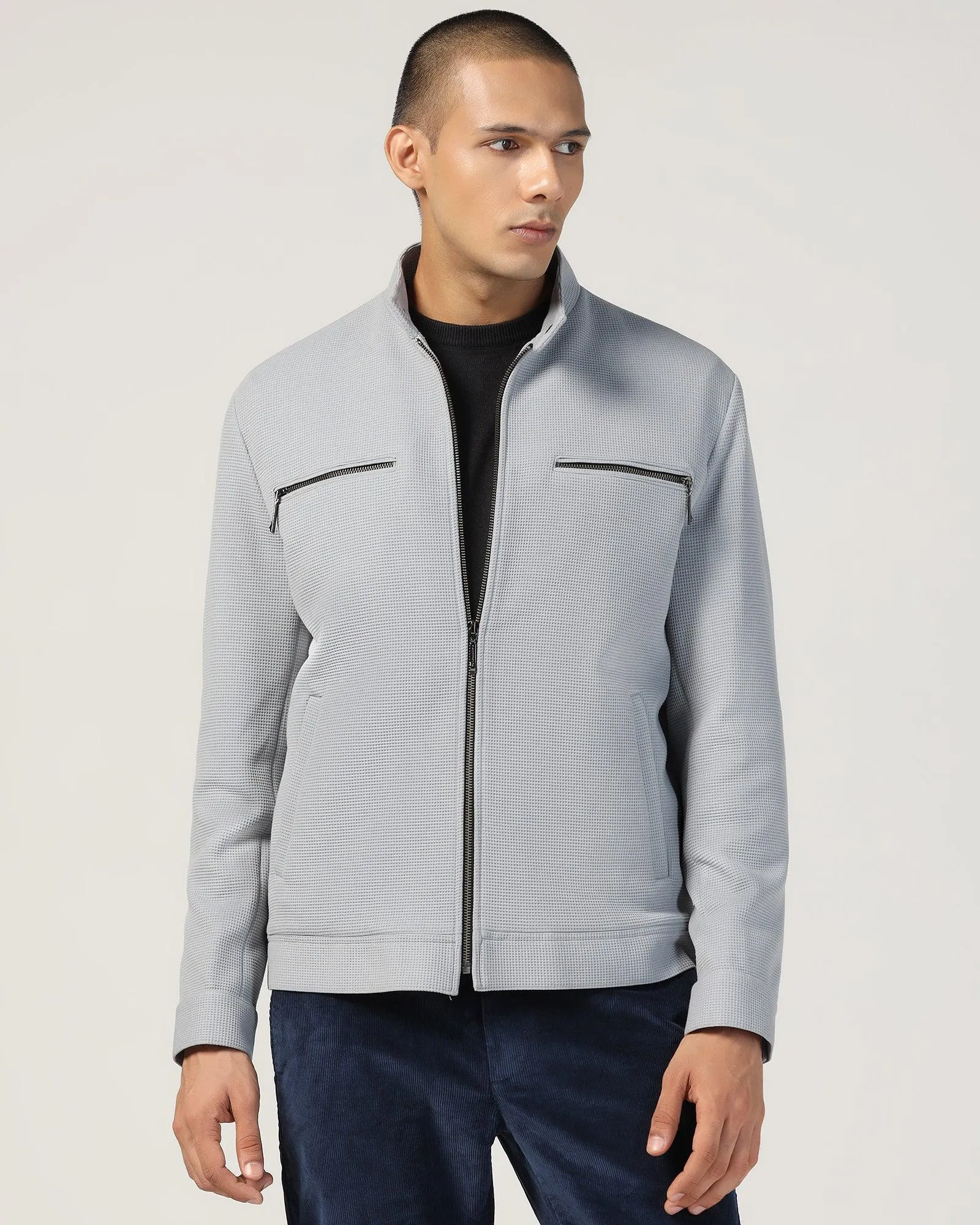 Biker Grey Textured Zipper Jacket - Safari