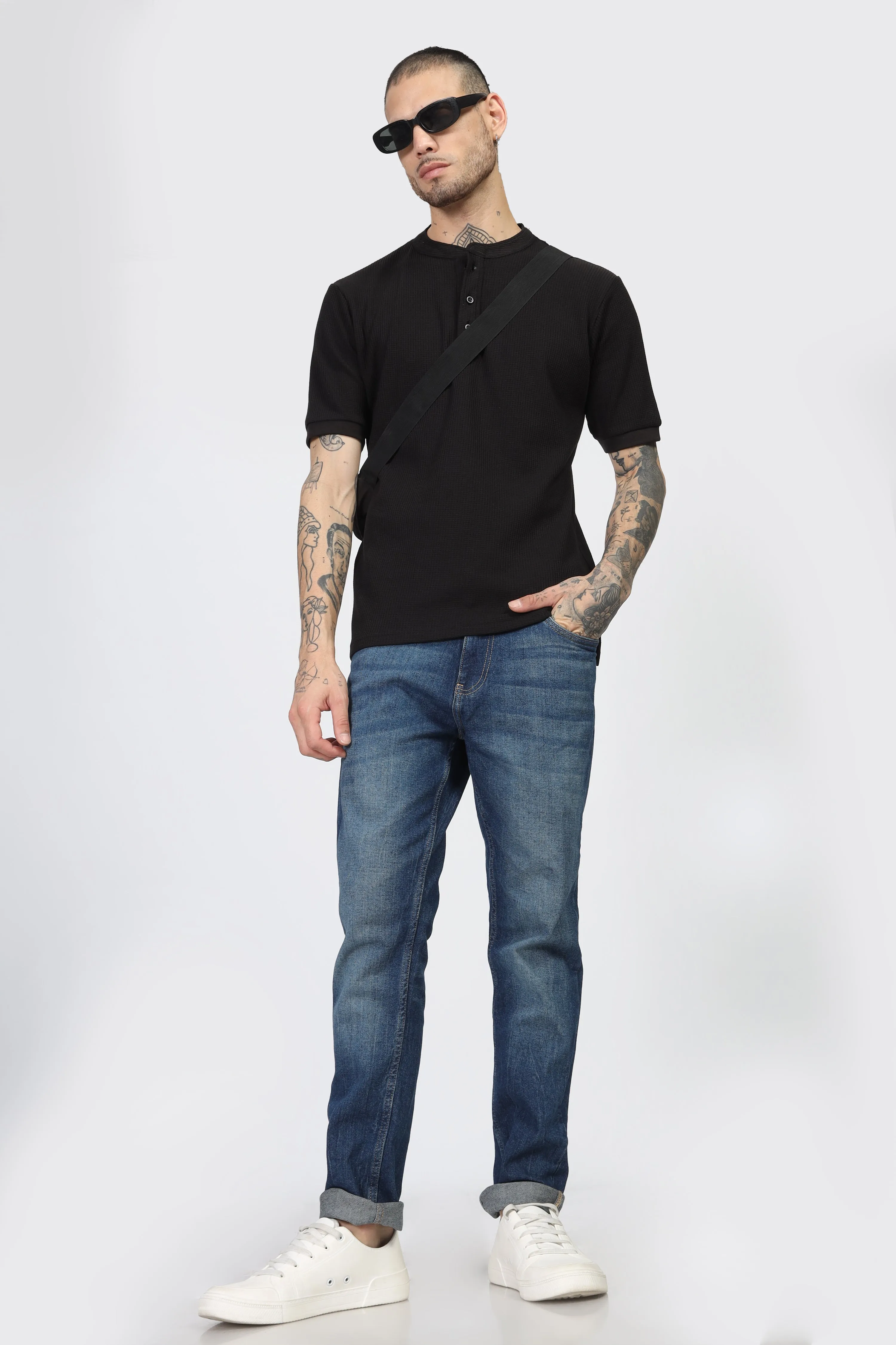 Black Waffle Half Sleeves Henley T-Shirt