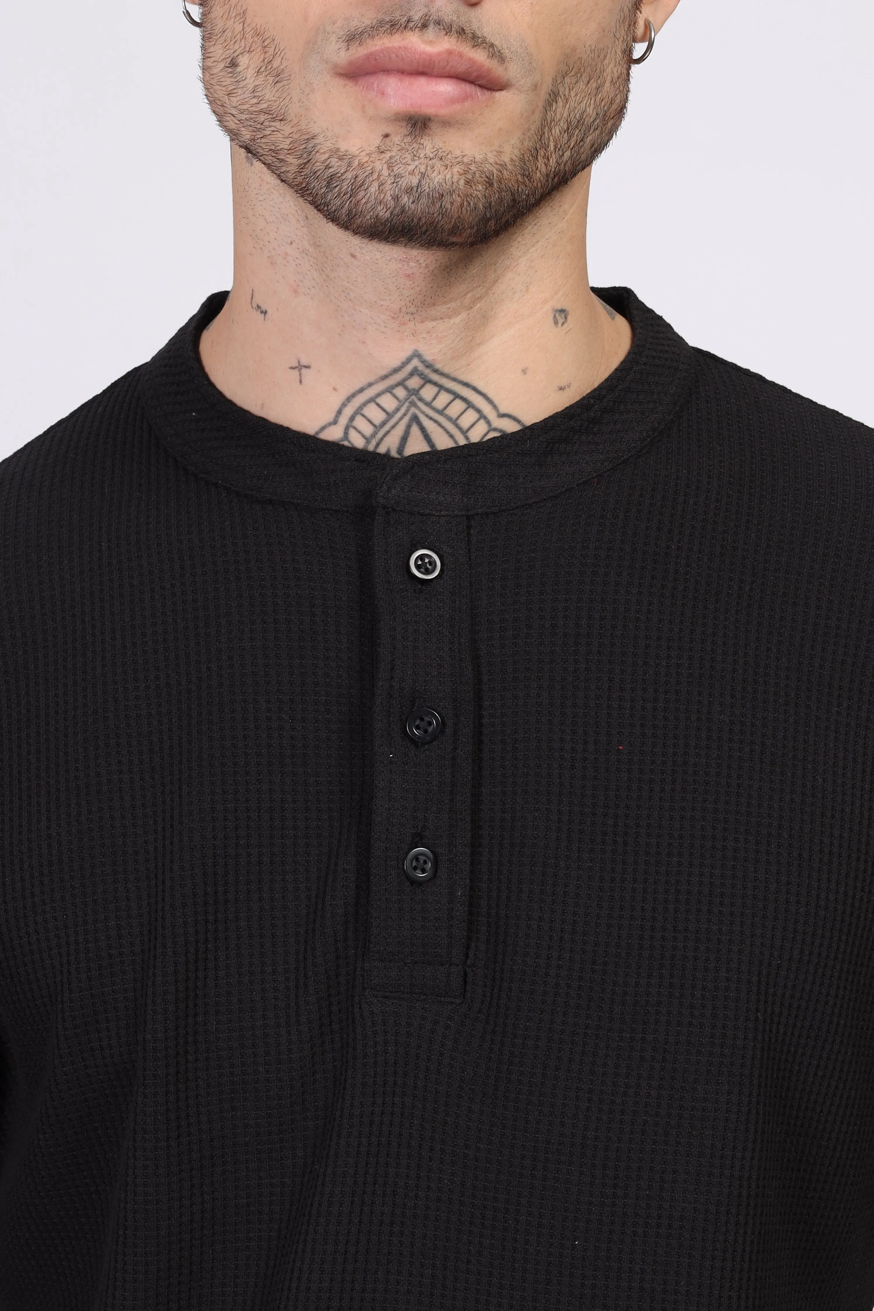 Black Waffle Half Sleeves Henley T-Shirt