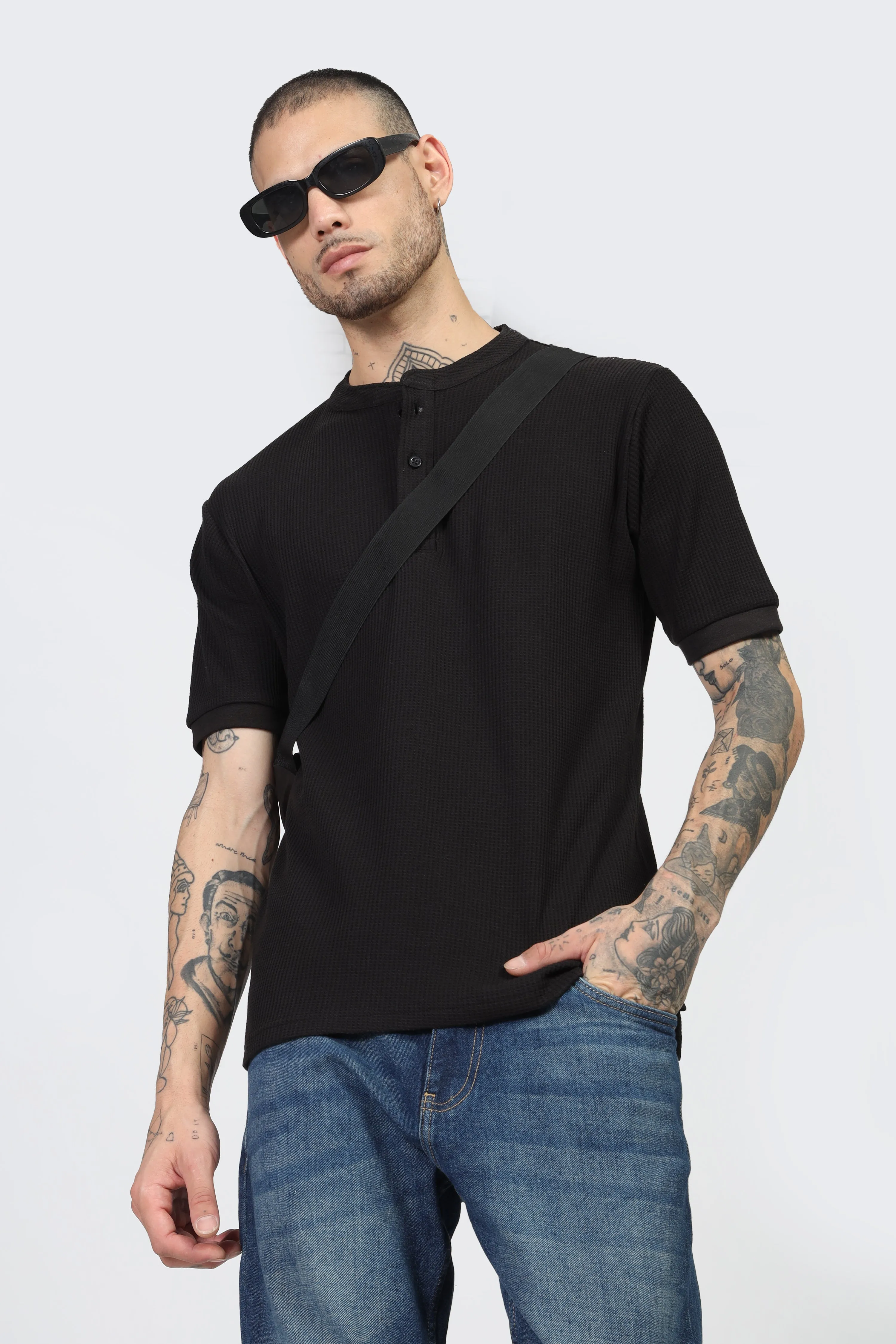 Black Waffle Half Sleeves Henley T-Shirt