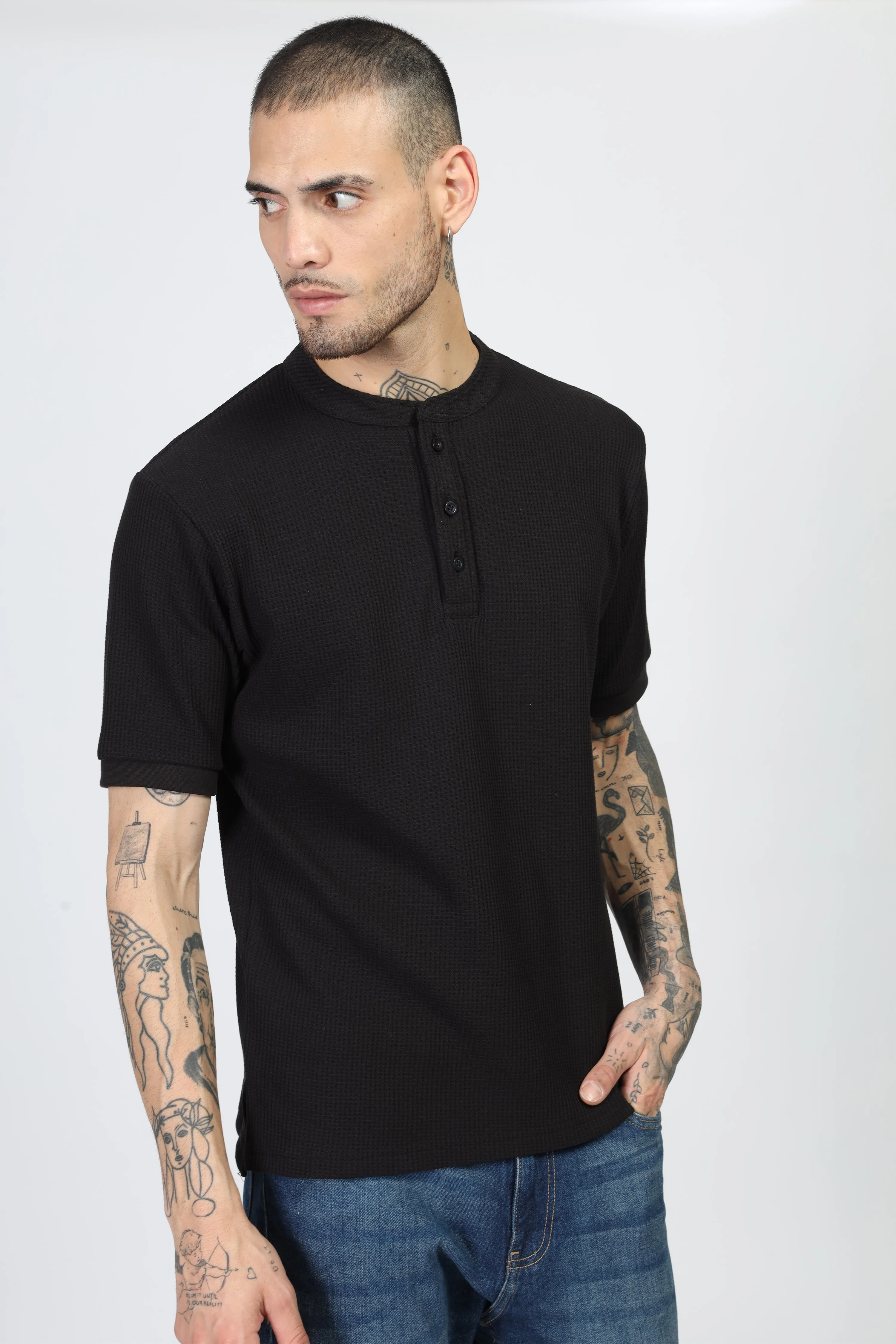 Black Waffle Half Sleeves Henley T-Shirt