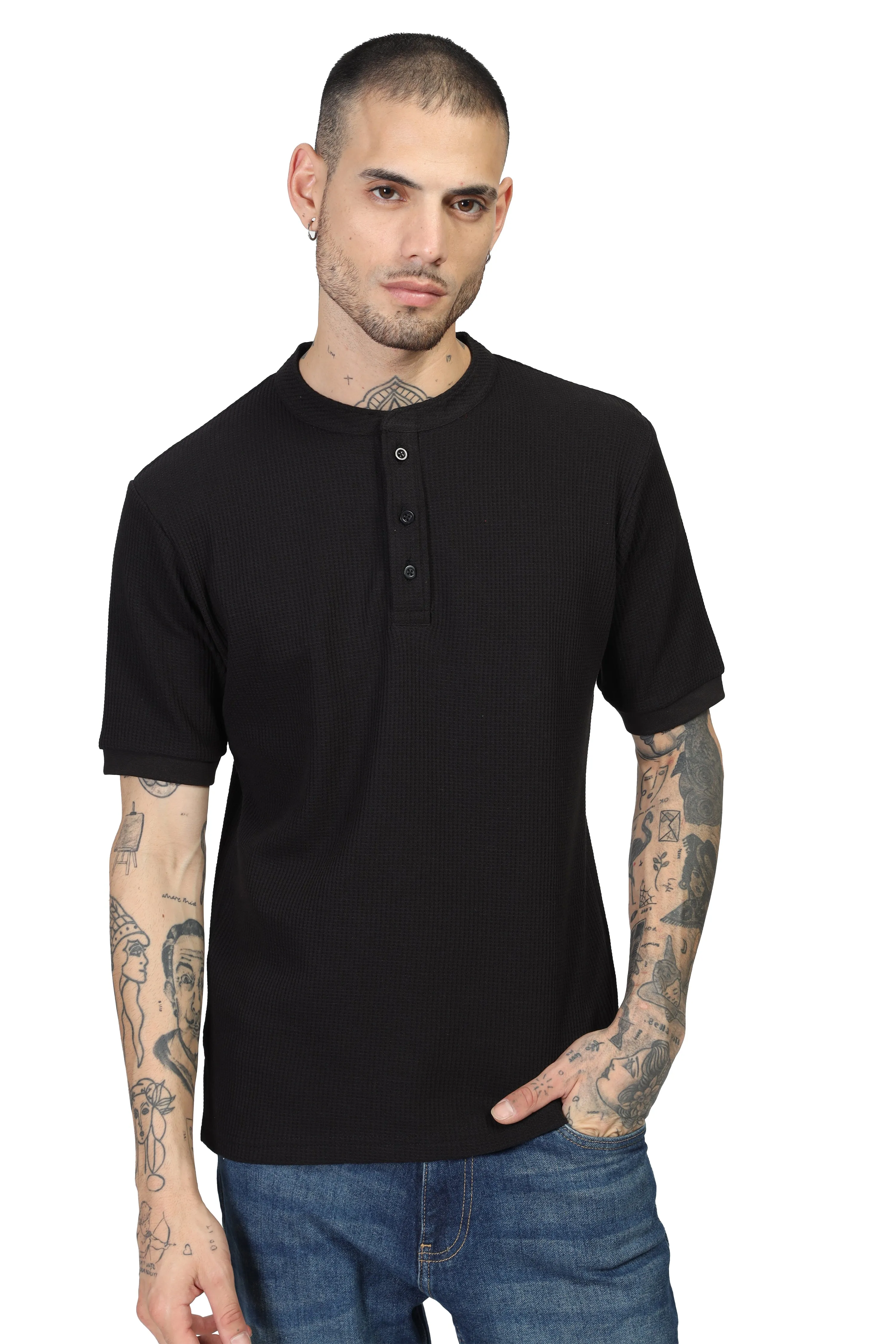 Black Waffle Half Sleeves Henley T-Shirt