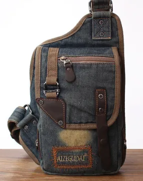 Blue Denim Mens Biker Waist Bag Chest Bag Vintage Denim Sling Bag For Men