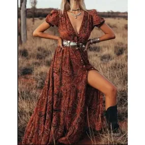 DressBetty - 2024 Floral Print Chiffon Three Quarter Sleeve V-neck Boho Long Dress