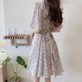 DressBetty - 2024 Summer New Temperament Tight Waist Slim Chiffon Floral Dress