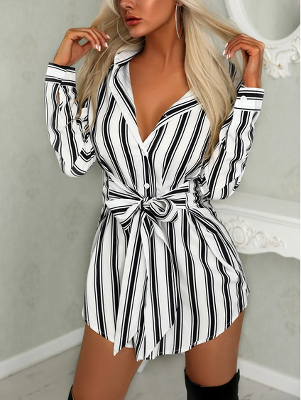 DressBetty - Fashion Long Sleeve Button Sexy Mini Dress