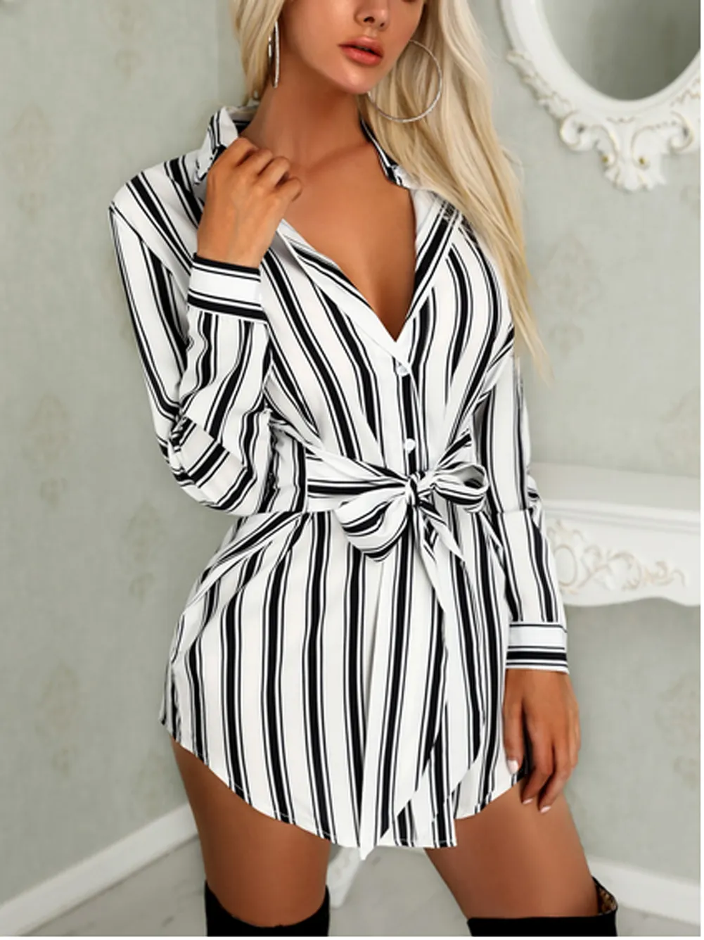 DressBetty - Fashion Long Sleeve Button Sexy Mini Dress