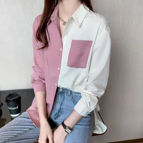 DressBetty - Korean Clothing Women's Tops and Blouses OL Style Loose Blouse Women Shirts POLO Collar Long Sleeve Patchwork Casual Pink