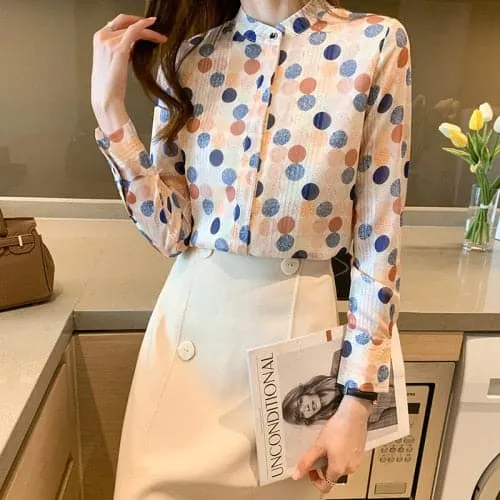 DressBetty - Women Shirts Chiffon Blouses Women Long Sleeve Shirt Woman Polka Dot Shirts Top Ladies Print Blouse Tops Plus Size Shirt