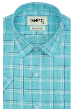 Men's 100% Cotton Checkered Half Sleeves Shirt (Turquoise)