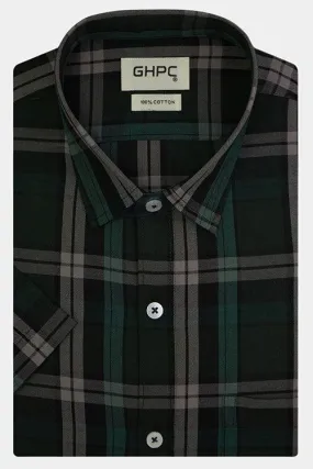 Men's 100% Cotton Plaid Checks Half Sleeves Shirt (Forest Green)