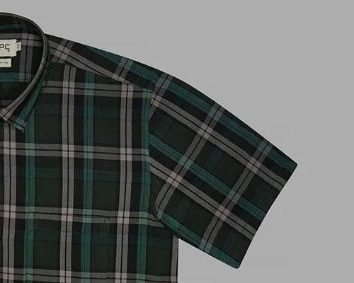 Men's 100% Cotton Plaid Checks Half Sleeves Shirt (Forest Green)