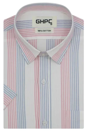 Men's 100% Cotton Striped Half Sleeves Shirt (Pink)