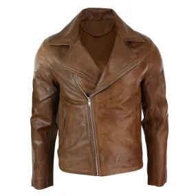 Men's Tan Brown Maroon Classic Cross Zip Brando Leather Biker Jacket