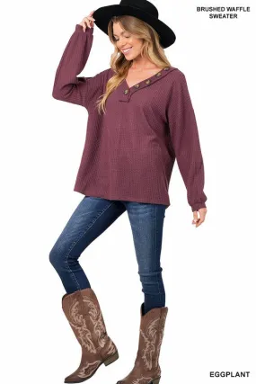 NANCY BRUSHED WAFFLE V-NECK BUTTON DETAIL SWEATER