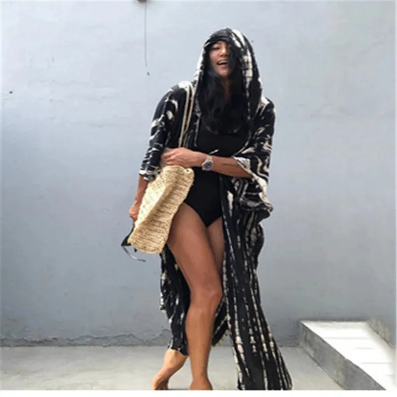 New Arrival Women Beach Dress Smock Hooded Ankle Long Ceck Pattern Sunscreen Smock for Swimming Pool Cover-Ups Bikini Wear