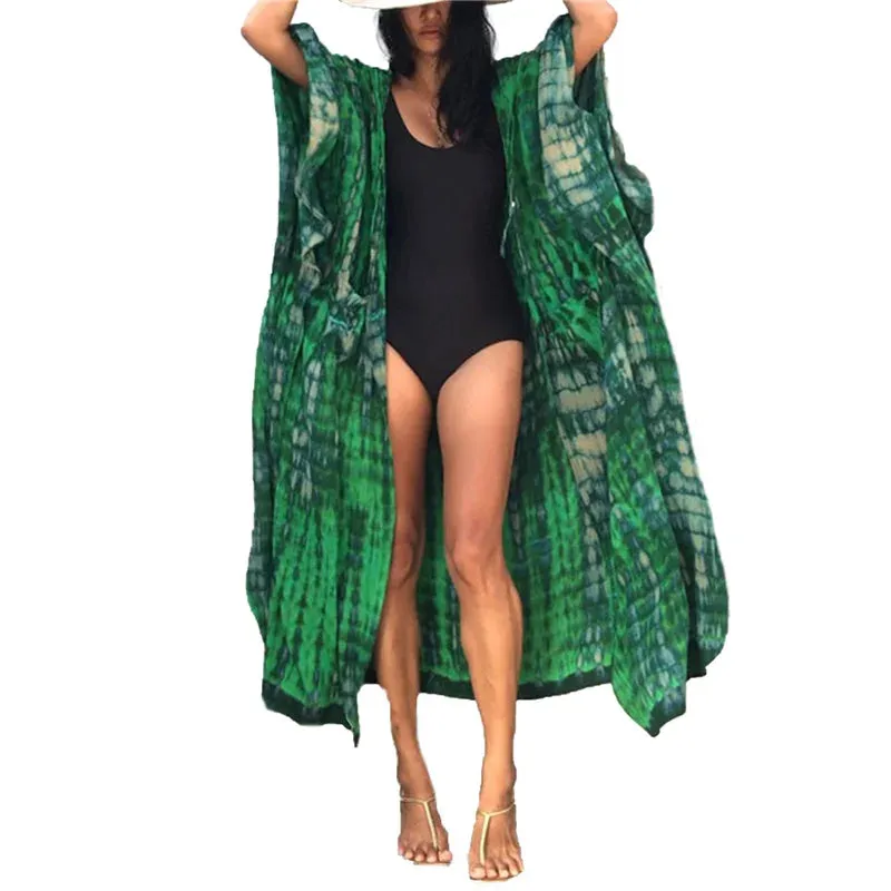 New Arrival Women Beach Dress Smock Hooded Ankle Long Ceck Pattern Sunscreen Smock for Swimming Pool Cover-Ups Bikini Wear