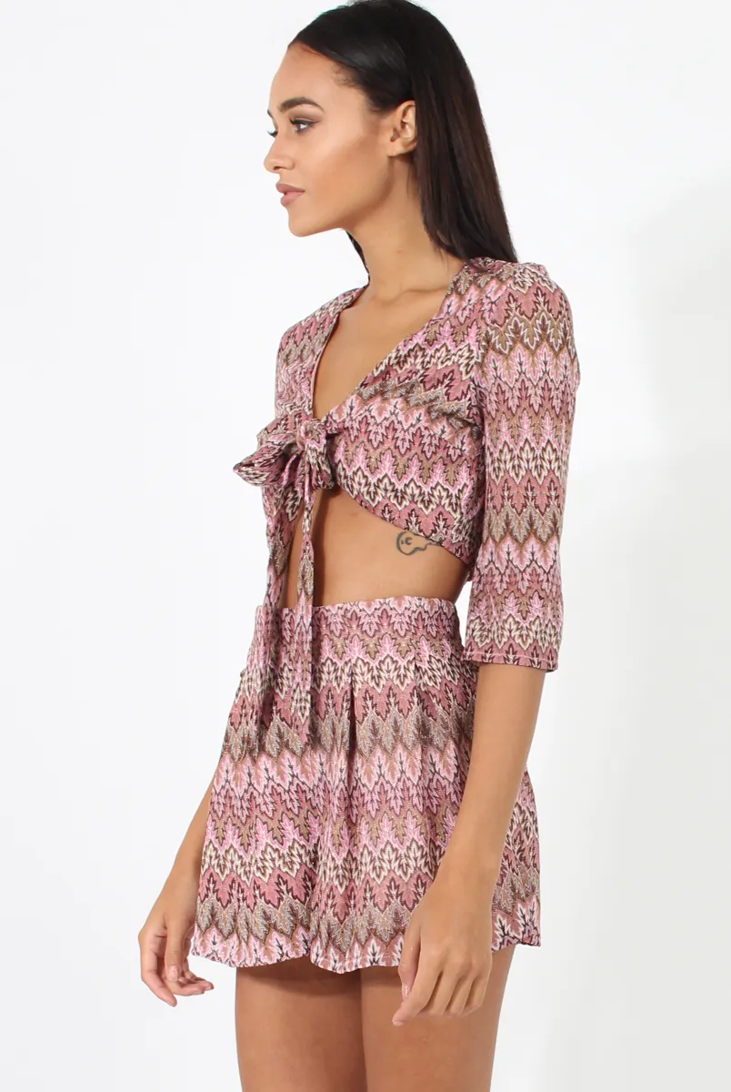 Pink Zig Zag Crochet Tie Front Co-ord - Adele