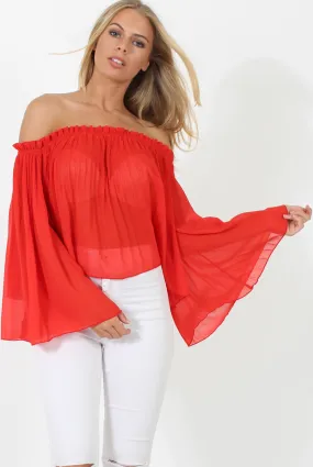 Red Pleated Three Quarter Bell Sleeve Crop - Stacey