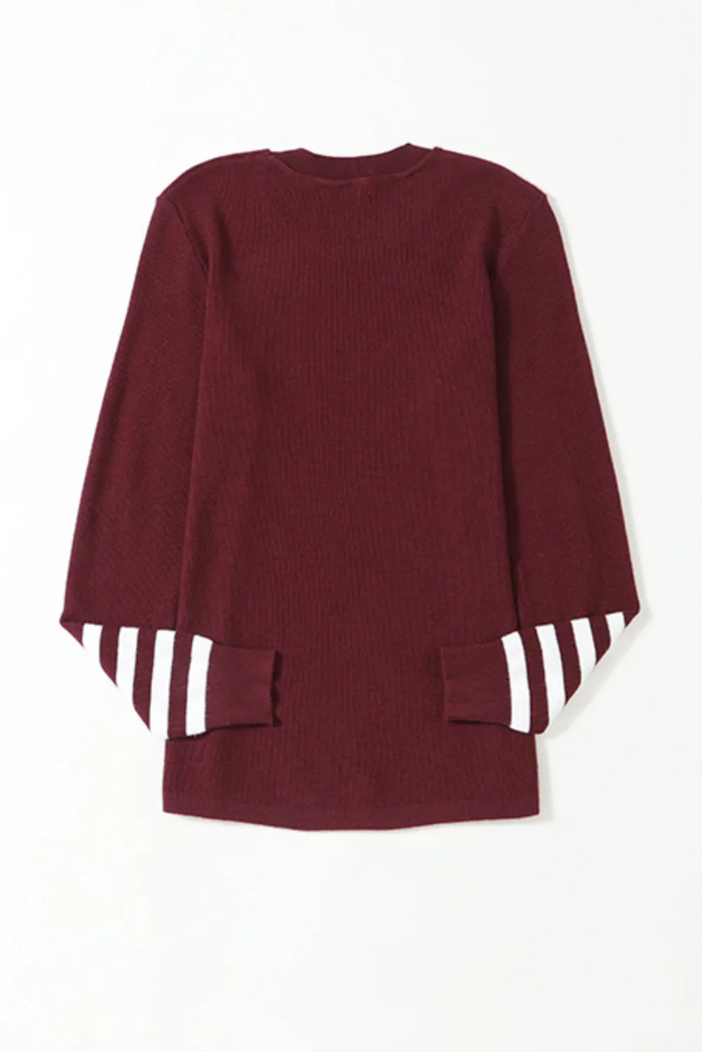 Red Striped Sleeve Plain Knit Sweater