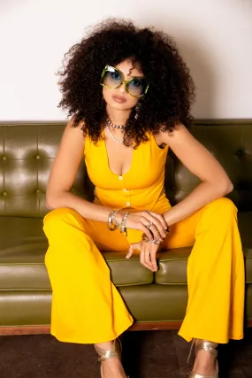 Retro Vest Top and Highwaist Bell Bottom Pants Set in Yellow