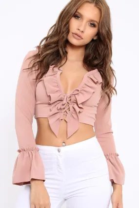 Rose Tie Front Bell Sleeve Crop Top - Angelina