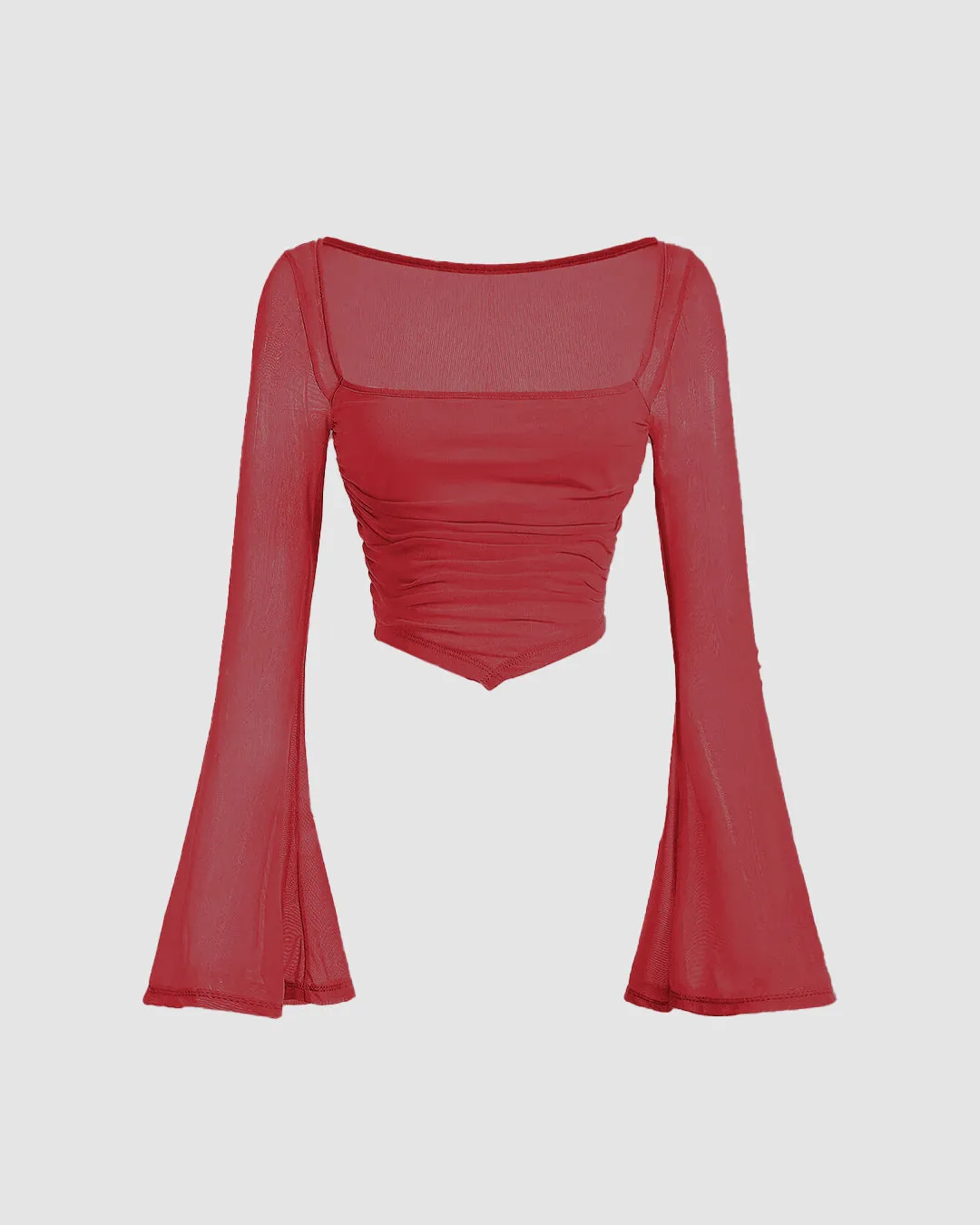 Square Neck Bell Sleeve Asymmetrical Sheer Mesh Red Crop Top