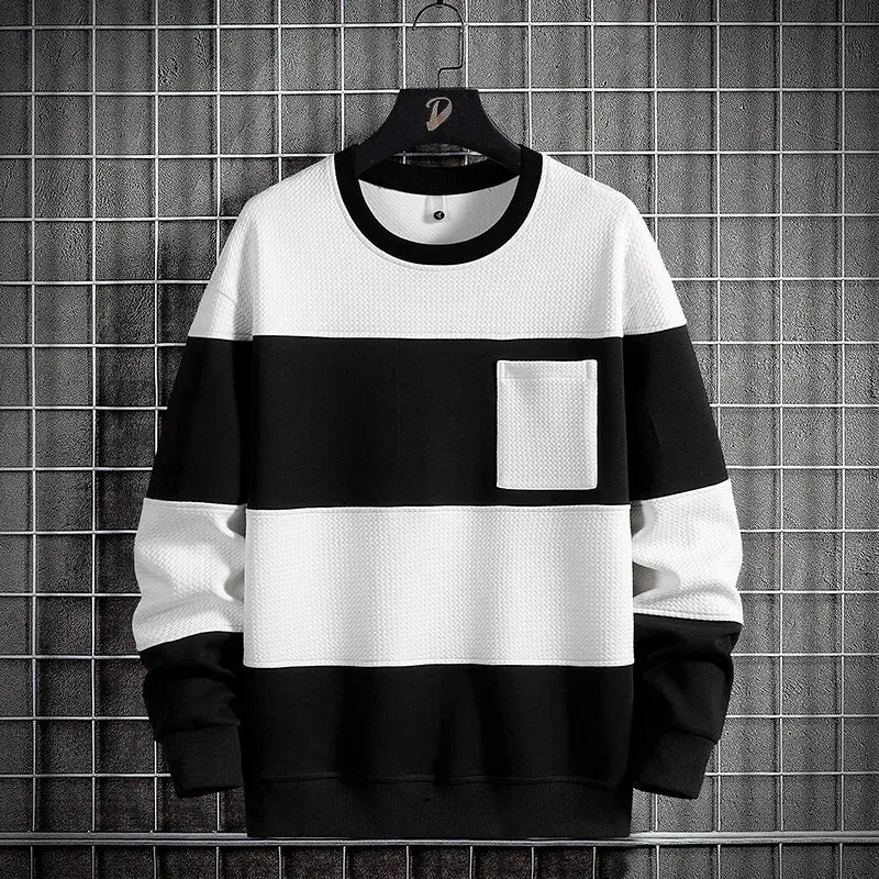 Stripe Sweatshirt Cotton Oversized Hoodies Men Long Sleeve O-Neck Pullovers Male Fashion Tops