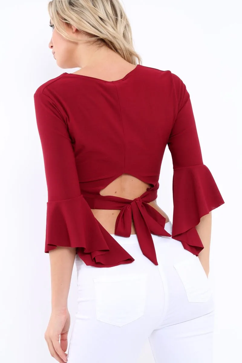 Wine Plunge Bell Sleeve Crop Top - Merla