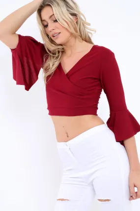 Wine Plunge Bell Sleeve Crop Top - Merla